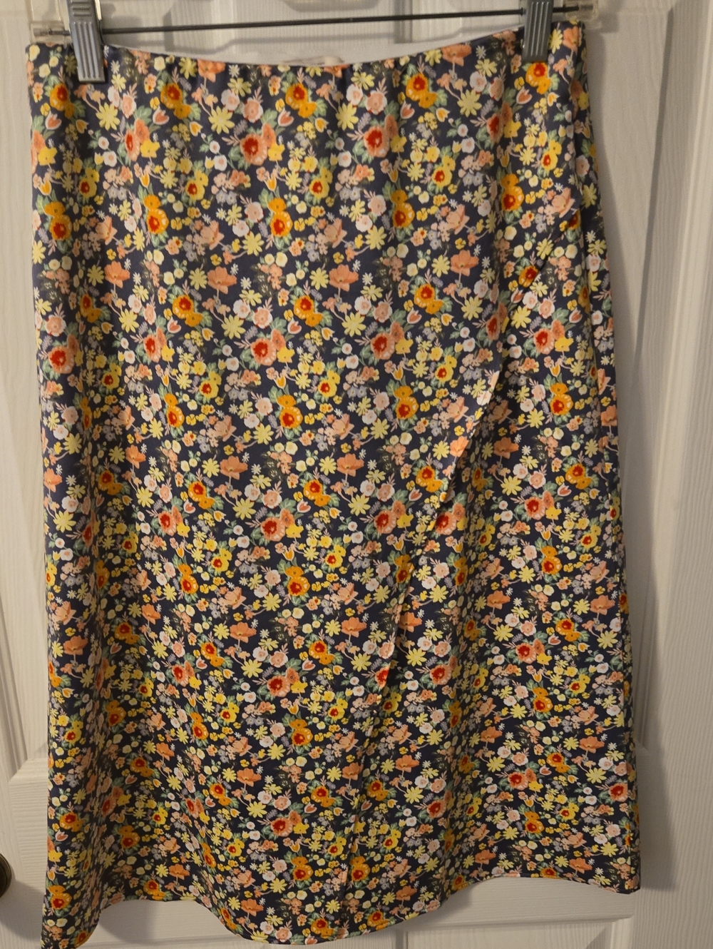 LOFT Navy Floral Midi Skirt with Yellow & Pink Blossoms